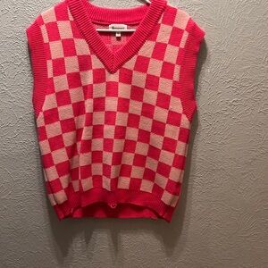 Forever 21 Pink and Cream Checkered V-Neck Sweater Vest